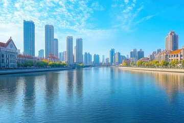 Naklejka premium An open view of the river and modern urban architecture skyline panorama in Tianjin China with generative ai