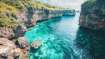 Obraz premium Shimmering blue-green lagoon waters flowing gently into the ocean, framed by tall cliffs.