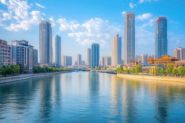 Fototapeta premium An open view of the river and modern urban architecture skyline panorama in Tianjin China with generative ai