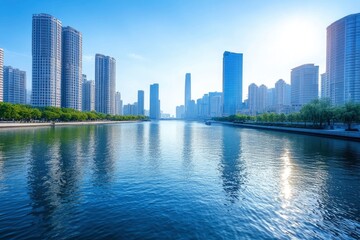 An open view of the river and modern urban architecture skyline panorama in Tianjin China with generative ai