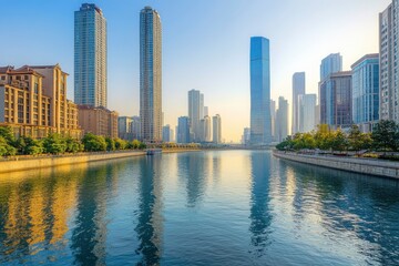 Fototapeta premium An open view of the river and modern urban architecture skyline panorama in Tianjin China with generative ai