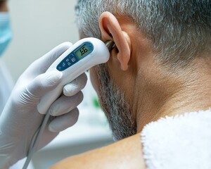 Close-up of a digital thermometer taking an ear temperature reading, temperature check, fever monitoring