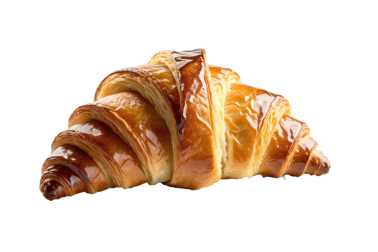 Fresh croissant, full body centered, isolated against a pristine white background, high key lighting casting a delicate shadow beneath, soft texture emphasized