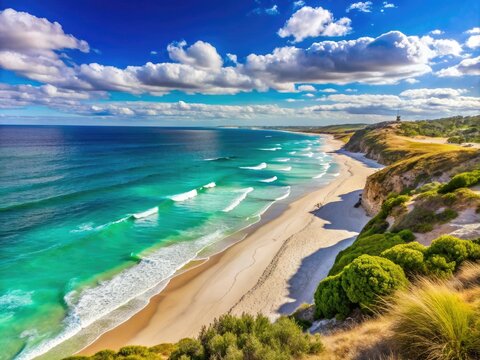 Sun-kissed shores of Swanbourne Beach, Western Australia, feature turquoise waves, powdery white sand, and scenic coastal cliffs under a vast blue sky.