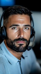 Customer service representative talking on the phone, wearing a headset, working on a computer, Ultra HD, 8K, office window lighting, simple desk setup