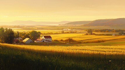 Obraz premium Sunrise over a rural farm, with fields of crops bathed in the soft morning light.