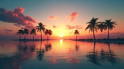 Sunset over a serene lagoon with still waters and silhouettes of palm trees.
