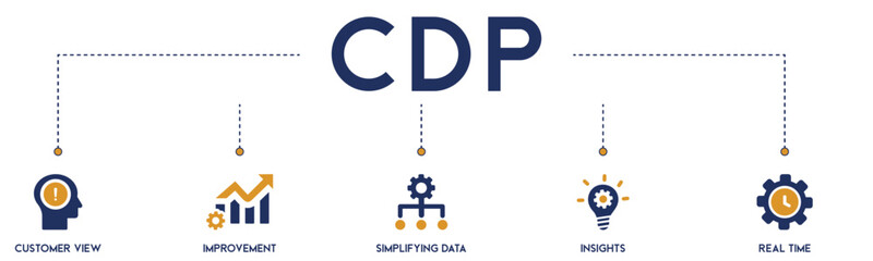 CDP banner website icons vector illustration concept of with icons of customer review, improvement, simplifying data, insight, real time on white background