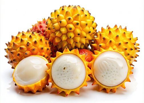 Vibrant arrangement of exotic lichas fruit, also known as dragon's eye, with bright yellow skin and translucent white pulp, against a clean white background.