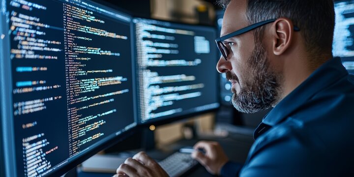 Software developer writing code on a computer, 4K, HDR, detailed code on the screen, soft lighting from the computer monitor