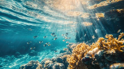Fototapeta premium Underwater shot of a school of small sea fish darting through the clear blue ocean, creating a lively and dynamic scene