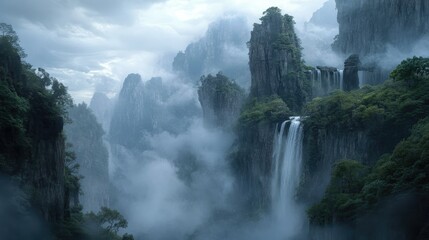 Waterfall cascading over a dramatic cliff edge, with mist rising and creating a mystical ambiance.