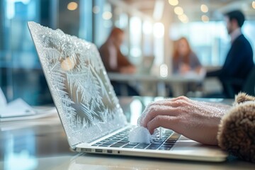 Frozen Computer, Digital frost covers screens, symbolizing a frozen workload, but employees still grin. The relentless work has encased technology in ice, yet they laugh it off.