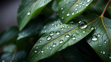 Dark green leaves with water droplets and veins