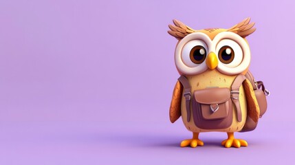 Naklejka premium A cheerful owl cartoon character wearing a backpack, ready for an adventure, isolated on a pastel purple background.