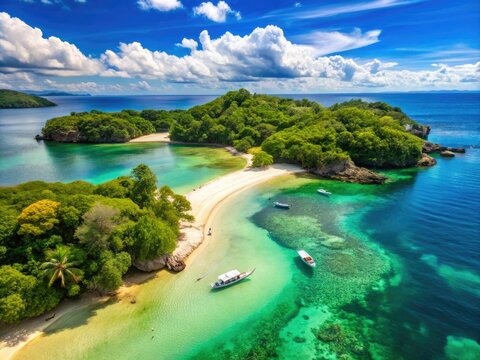 Vibrant blue waters and powdery white sand beaches line the tropical shores of Guimaras Island, Western Visayas, Philippines, under a warm sunny sky.
