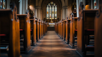 Interior view of a church with wooden pews leading to the altar during daylight