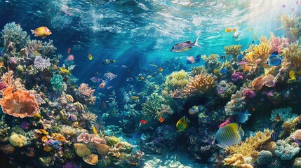 Wide-angle view of a bustling reef scene with various sea fish swimming among colorful corals and marine life