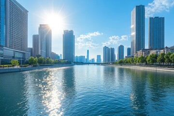 Obraz premium An open view of the river and modern urban architecture skyline panorama in Tianjin China with generative ai