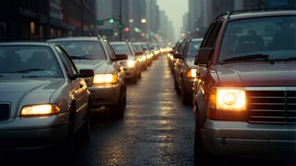 Fototapeta premium Dense traffic jam on a hazy urban street