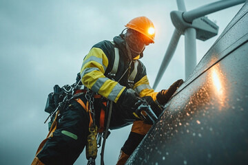 Obraz premium A skilled worker in safety gear performing maintenance on a wind turbine in rainy weather, highlighting renewable energy and green technology.