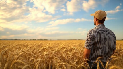 Young farmer examining wheat stalks in a large open field. -