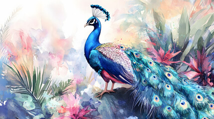 Fototapeta premium Colorful peacock illustration with flowers. Exotic jungle wallpaper. 