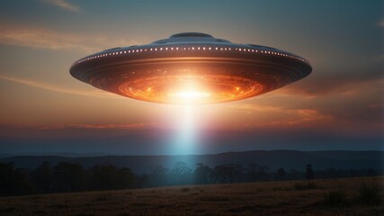 Disc shaped ufo hovering in sunset sky with lights