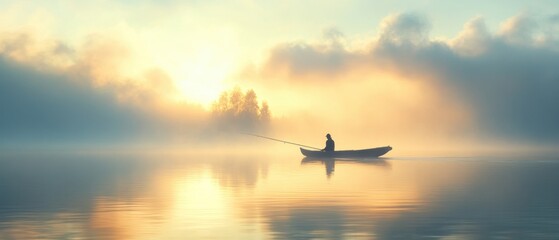 Japanese fisherman navigating through calm waters at dawn, with gentle mist and the early light creating a peaceful and reflective fishing experience