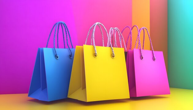 Colorful shopping bags in vibrant hues, perfect for online retail, fashion, or promotional materials. Explore creativity in commerce.