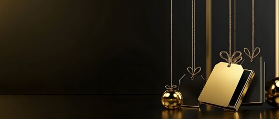 Elegant golden gift box on a sleek black background, perfect for luxury celebrations and festive occasions.