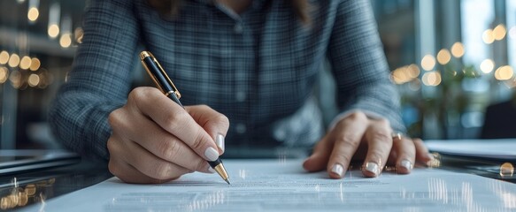 A businesswoman signing important financial documents during a meeting at the bank, Ultra HD, 8K, HDR, clean and formal setting
