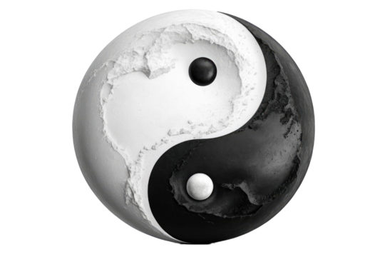 Realistic yin yang symbol, full body, centered, isolated against a pristine white background, conveys balance, contrast of dark and light elements, mimicking natural opposites