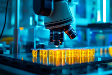 Close-up of a microscope analyzing samples in a laboratory, emphasizing scientific research and innovative technology.