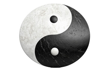 Realistic yin yang symbol, full body, centered, isolated against a pristine white background, conveys balance, contrast of dark and light elements, mimicking natural opposites