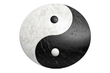 Realistic yin yang symbol, full body, centered, isolated against a pristine white background, conveys balance, contrast of dark and light elements, mimicking natural opposites