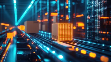 Obraz premium Futuristic digital warehouse with glowing data visualization and cardboard boxes on a conveyor belt, 