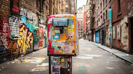 Graffiti-covered alleyway with colorful street art and stickers on walls and objects, featuring a payphone plastered with various stickers and graffiti.