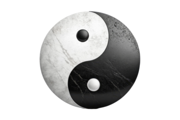 Realistic yin yang symbol, full body, centered, isolated against a pristine white background, conveys balance, contrast of dark and light elements, mimicking natural opposites
