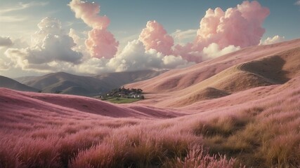 Dreamlike panorama of pink hills and fluffy clouds