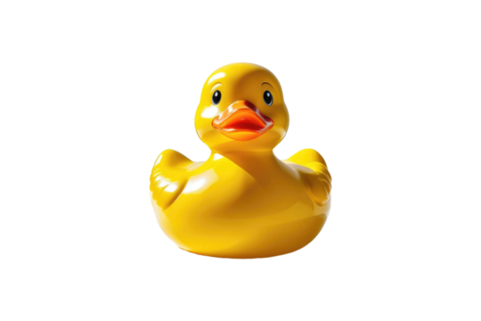 Yellow rubber duck, high-resolution stock photo, centered full body isolation, stark white background, smooth shine on surface mimicking studio lighting, perfect shadow casting beneath