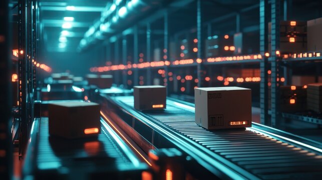 Futuristic digital warehouse with glowing data visualization and cardboard boxes on a conveyor belt,  - Powered by Adobe