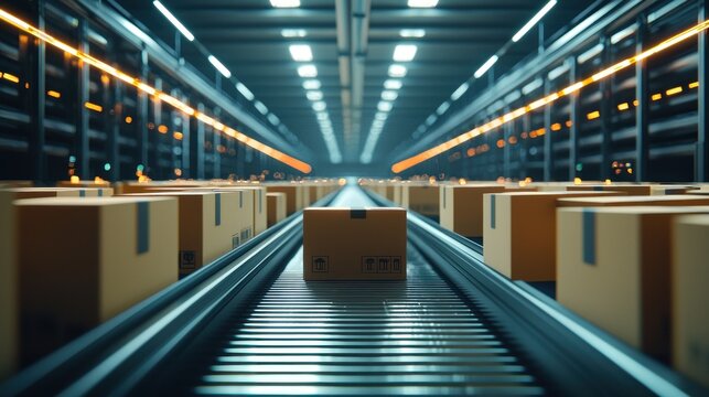 Futuristic digital warehouse with glowing data visualization and cardboard boxes on a conveyor belt, 
