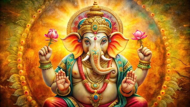 Vibrant depiction of revered Hindu deity Ganapati, remover of obstacles, shown with four arms and elephant head, against a richly textured golden background.