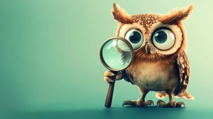 Obraz premium A curious cartoon owl with a magnifying glass, searching for clues, isolated on a pastel green background.