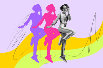 Composite photo collage of happy girl dance weekend occasion relax entertainment nightclub event isolated on painted background