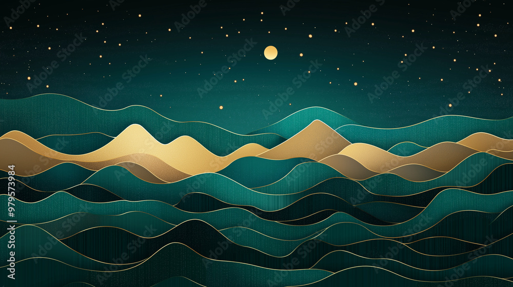 Canvas Prints a painting of a mountain range with a gold and green color scheme
