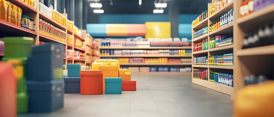 Fototapeta premium Vibrant store interior showcasing colorful shelves stocked with various products and neatly arranged boxes on the floor.