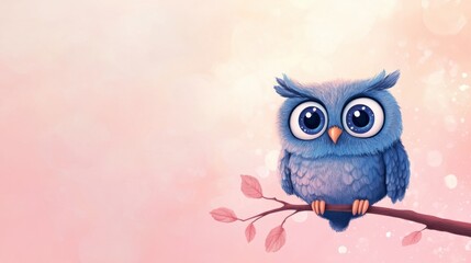 Obraz premium A cute cartoon owl with big eyes perched on a branch, isolated on a soft pastel pink background.