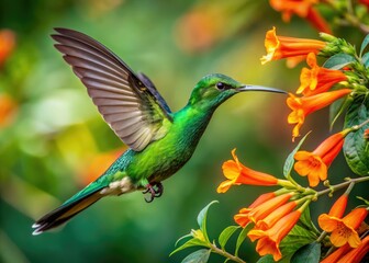 Vibrant green hummingbird with iridescent feathers sips nectar from a bright orange trumpet-shaped flower in a lush, tropical garden surrounded by emerald leaves.